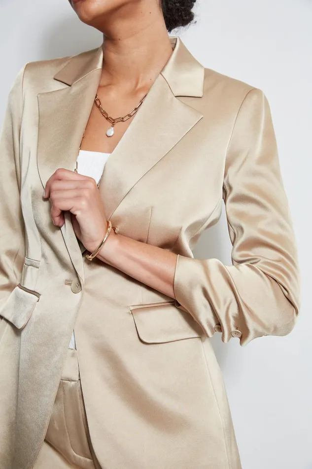 Outlet 8211 Women Suiting Elie Tahari Satin Ruched Sleeve Blazer Sandcastle