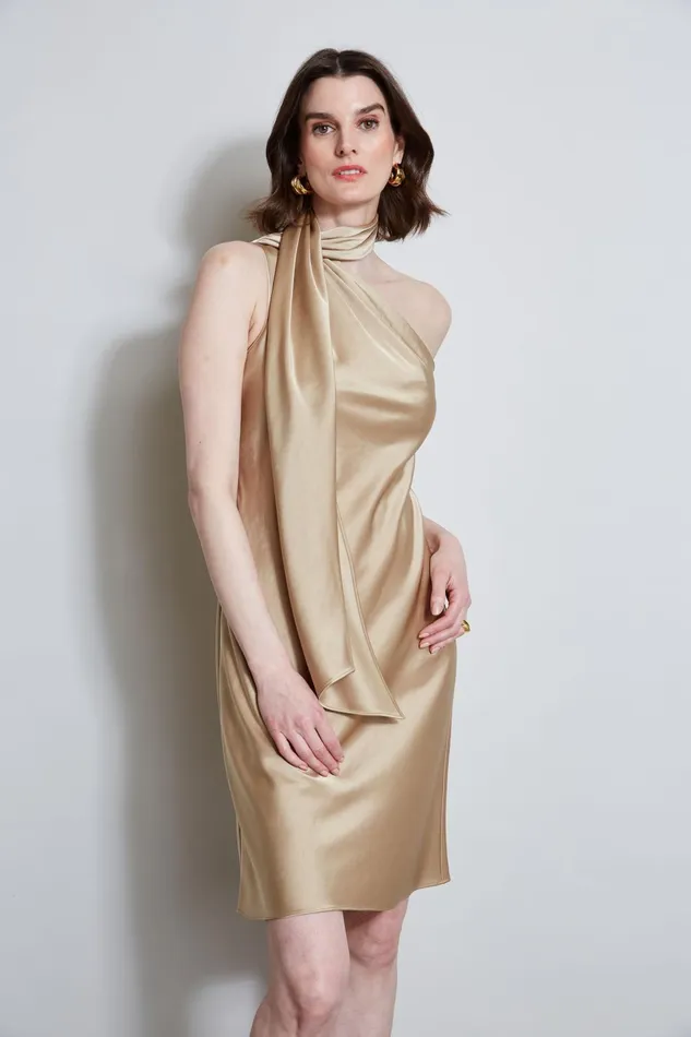 Outlet 8211 Women Suiting Elie Tahari Satin Scarf Dress Sandcastle