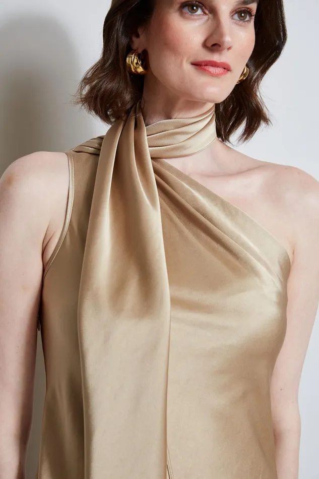 Outlet 8211 Women Suiting Elie Tahari Satin Scarf Dress Sandcastle