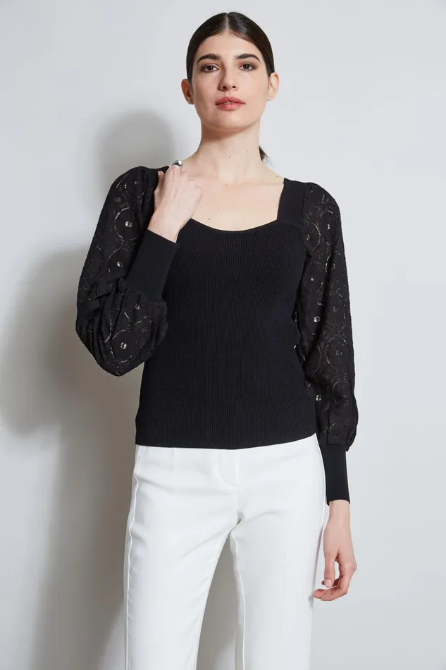 Outlet 8211 Women Tops Elie Tahari Contour Neck Lace Sleeve Sweater Noir