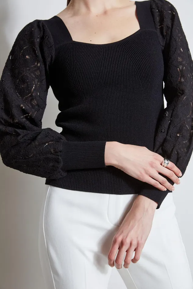 Outlet 8211 Women Tops Elie Tahari Contour Neck Lace Sleeve Sweater Noir