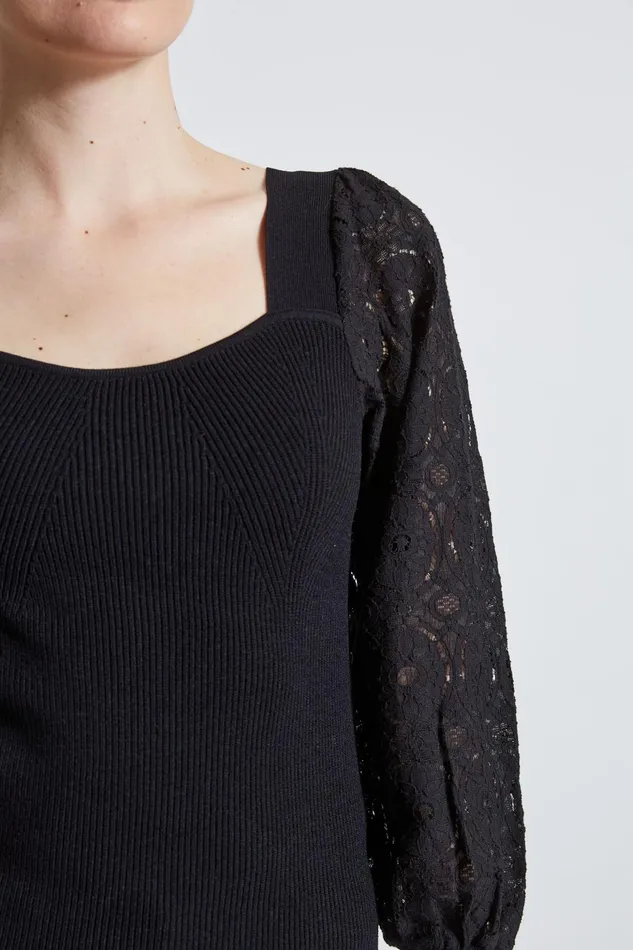 Outlet 8211 Women Tops Elie Tahari Contour Neck Lace Sleeve Sweater Noir