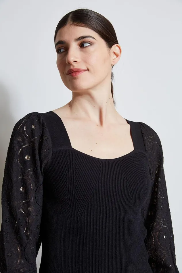 Outlet 8211 Women Tops Elie Tahari Contour Neck Lace Sleeve Sweater Noir