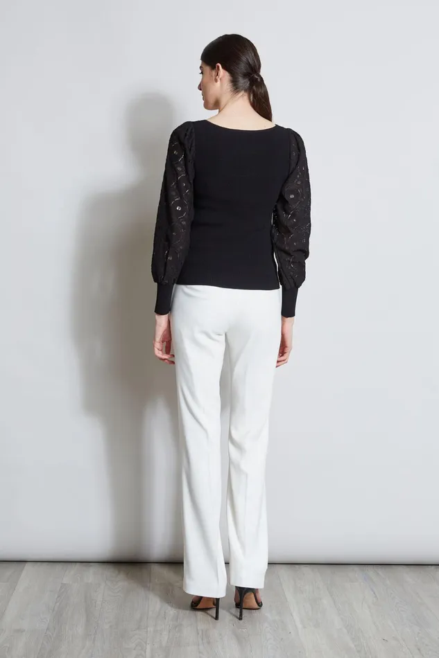 Outlet 8211 Women Tops Elie Tahari Contour Neck Lace Sleeve Sweater Noir