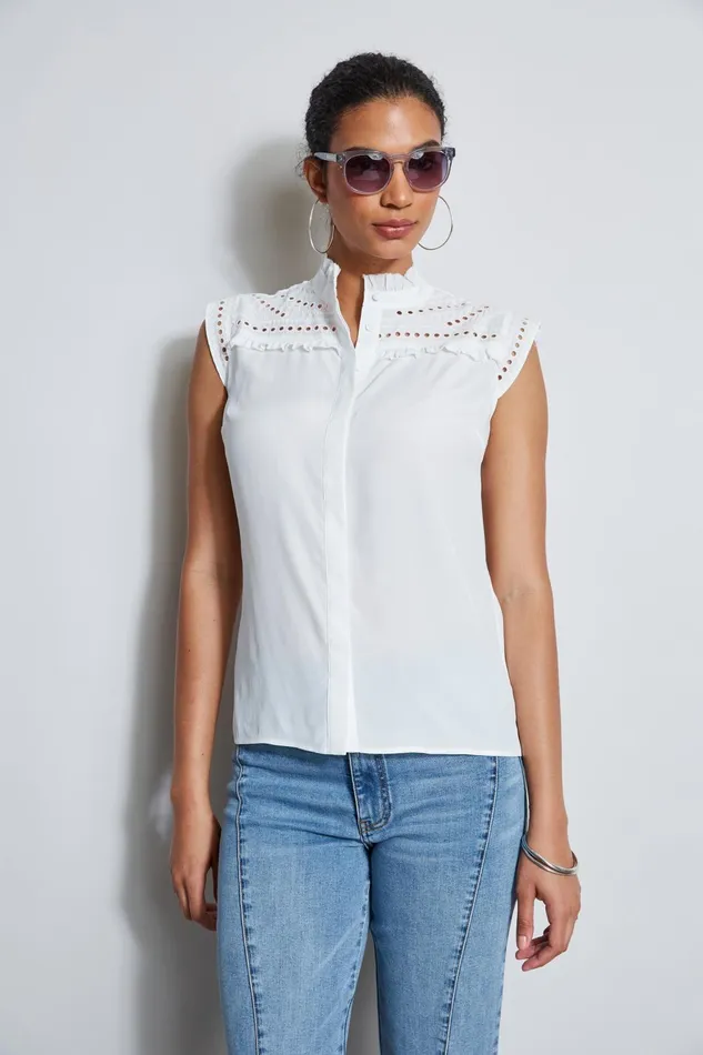 Outlet 8211 Women Tops Elie Tahari Embroidered Sleeveless Shirt Sky White