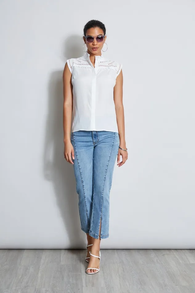 Outlet 8211 Women Tops Elie Tahari Embroidered Sleeveless Shirt Sky White