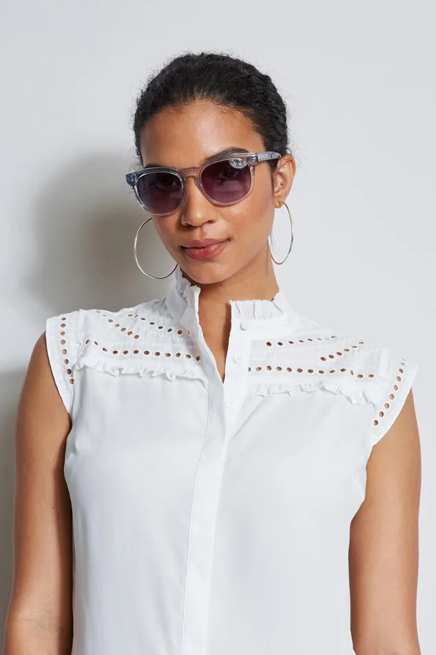 Outlet 8211 Women Tops Elie Tahari Embroidered Sleeveless Shirt Sky White