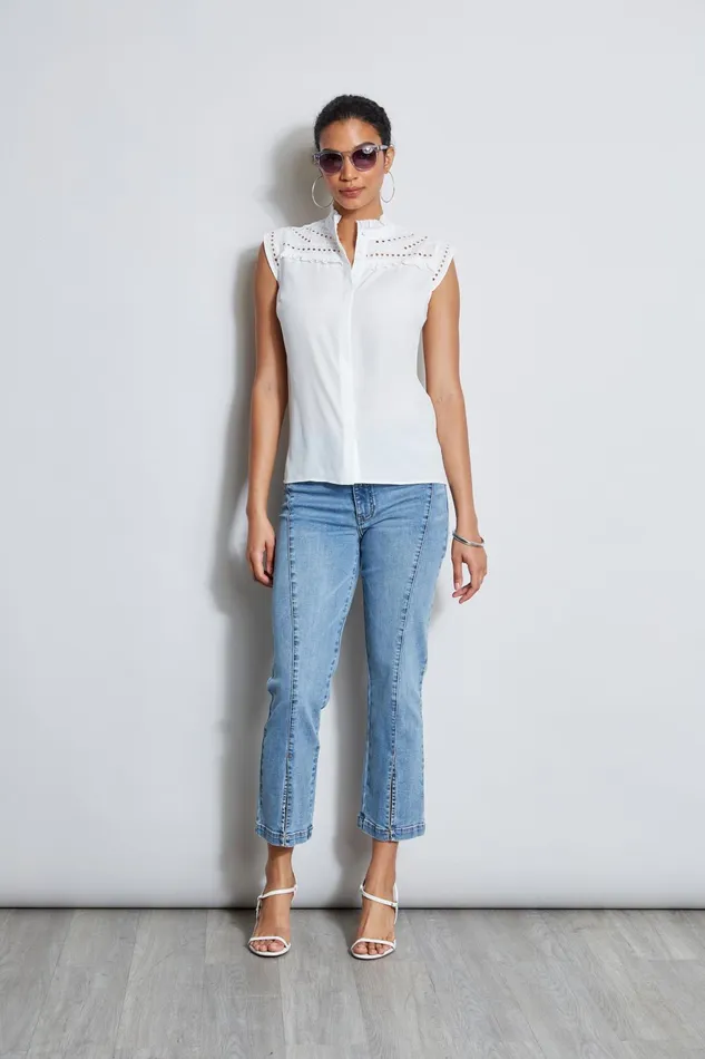 Outlet 8211 Women Tops Elie Tahari Embroidered Sleeveless Shirt Sky White
