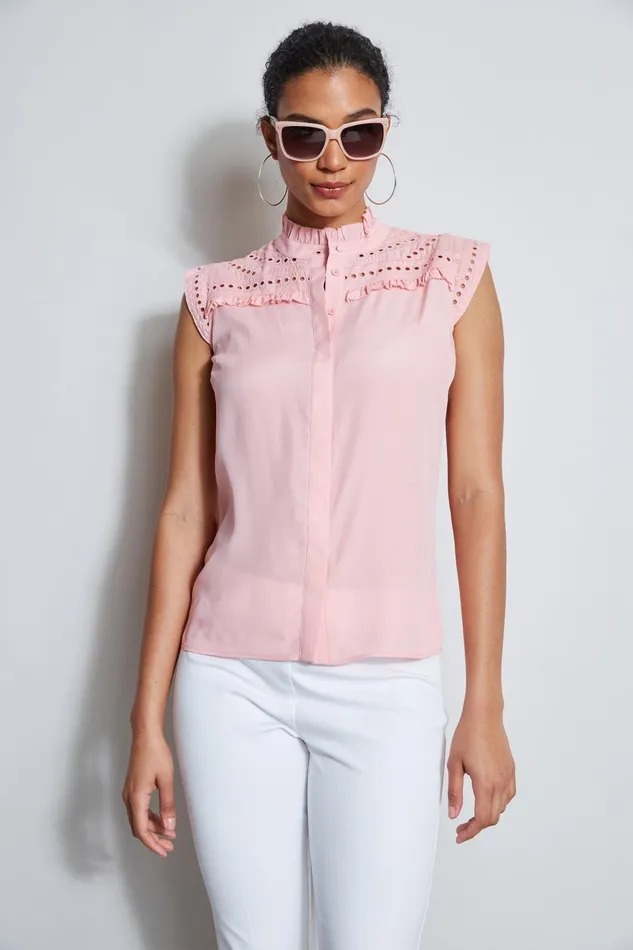 Outlet 8211 Women Tops Elie Tahari Embroidered Sleeveless Shirt Tailor Pink