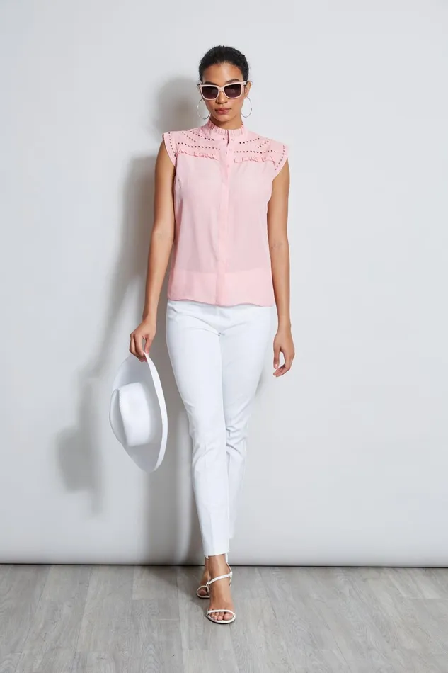 Outlet 8211 Women Tops Elie Tahari Embroidered Sleeveless Shirt Tailor Pink