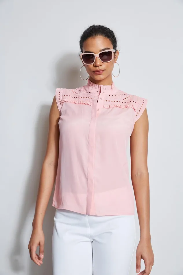 Outlet 8211 Women Tops Elie Tahari Embroidered Sleeveless Shirt Tailor Pink