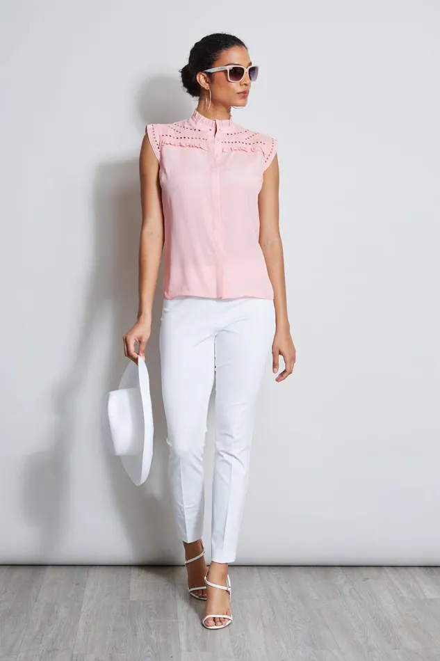 Outlet 8211 Women Tops Elie Tahari Embroidered Sleeveless Shirt Tailor Pink