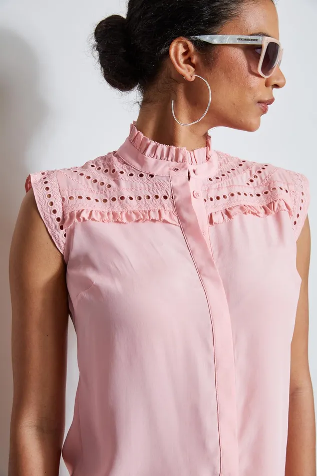 Outlet 8211 Women Tops Elie Tahari Embroidered Sleeveless Shirt Tailor Pink