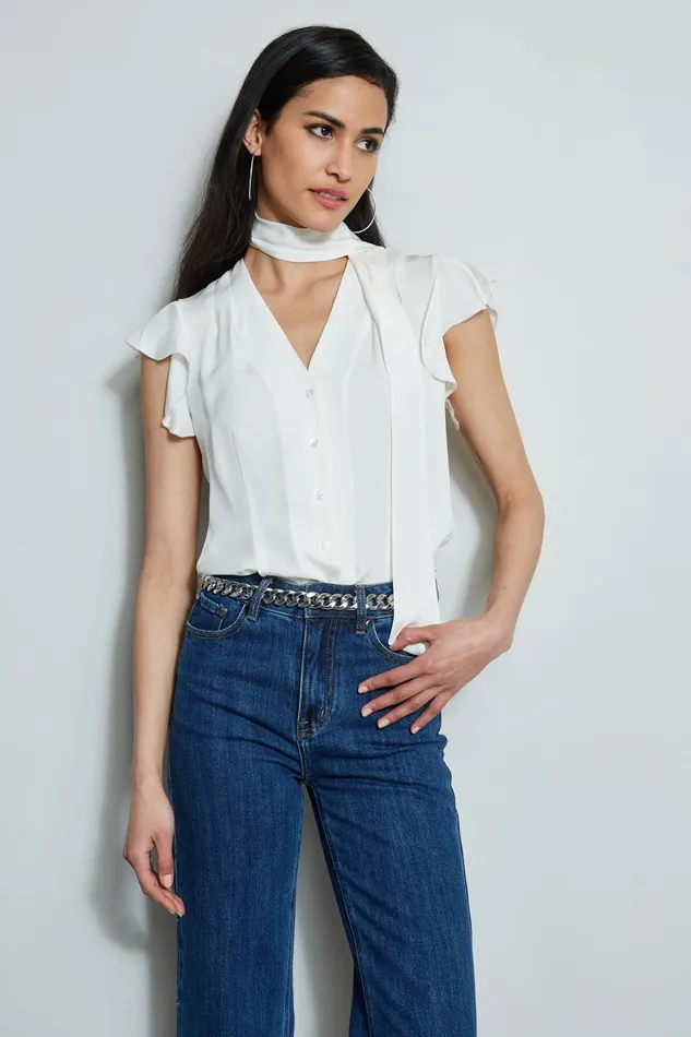 Outlet 8211 Women Tops Elie Tahari Flutter Sleeve Tie Shirt Fresh Pearl