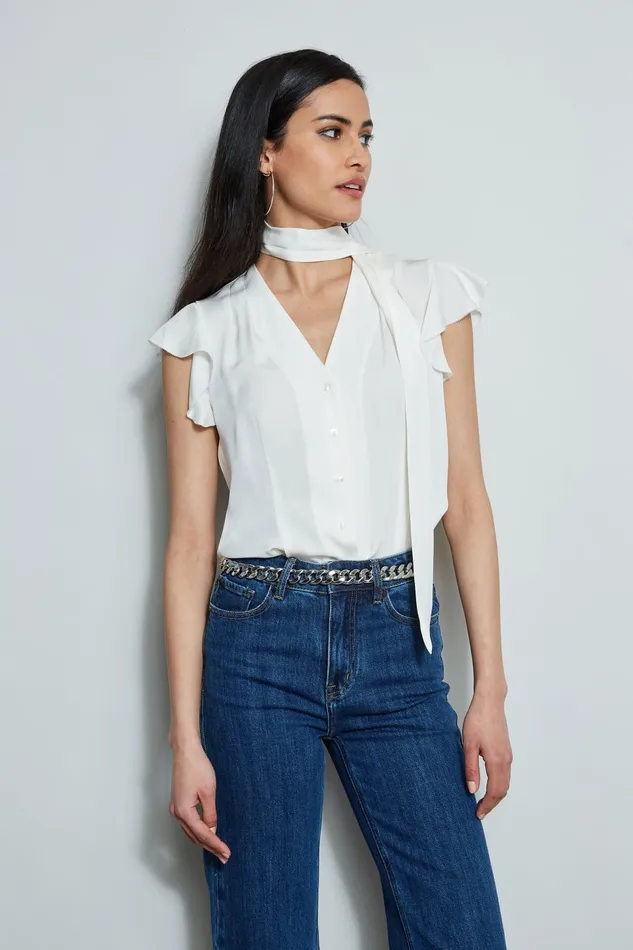 Outlet 8211 Women Tops Elie Tahari Flutter Sleeve Tie Shirt Fresh Pearl