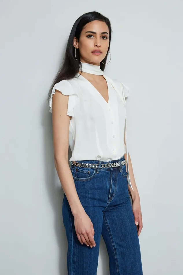 Outlet 8211 Women Tops Elie Tahari Flutter Sleeve Tie Shirt Fresh Pearl