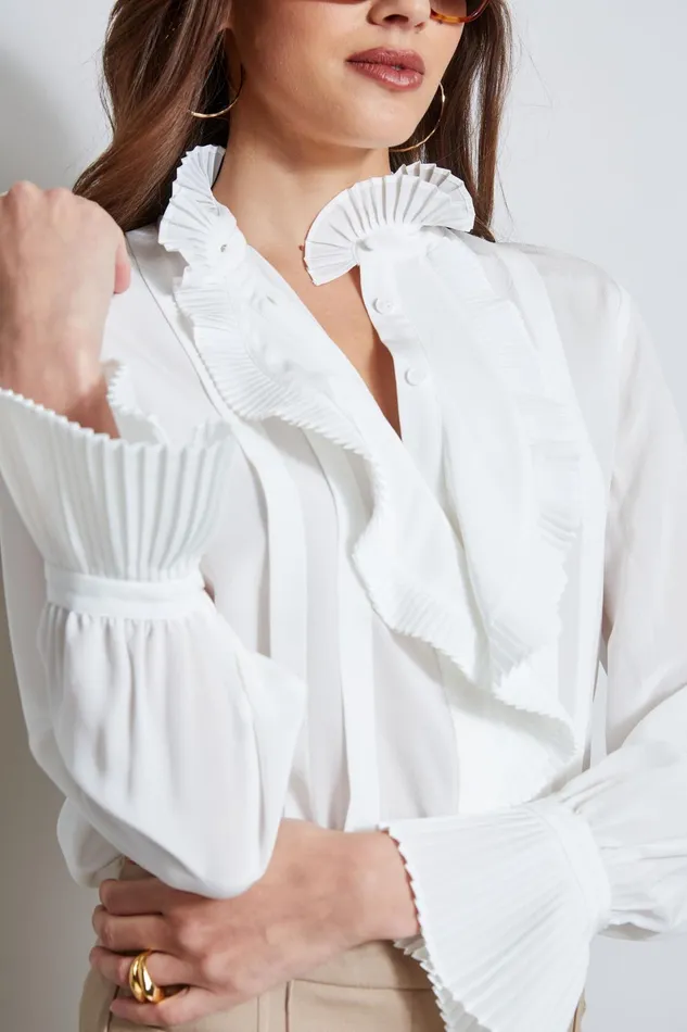 Outlet 8211 Women Tops Elie Tahari Pleated Silk Shirt Sky White