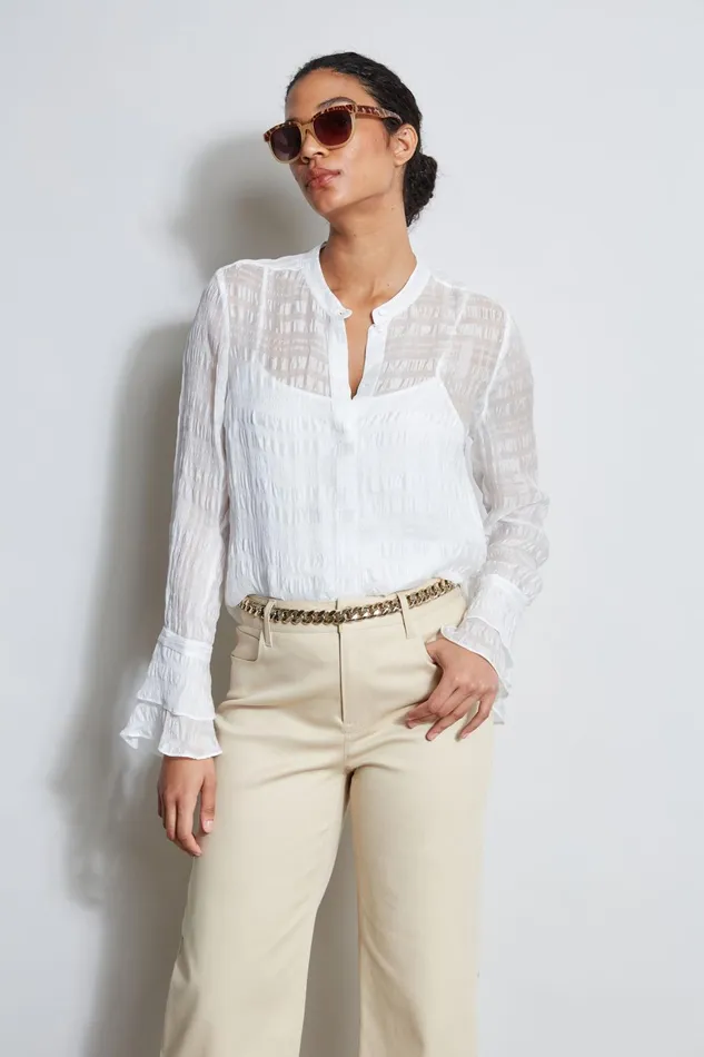 Outlet 8211 Women Tops Elie Tahari Silk Pucker Texture Shirt Pearl