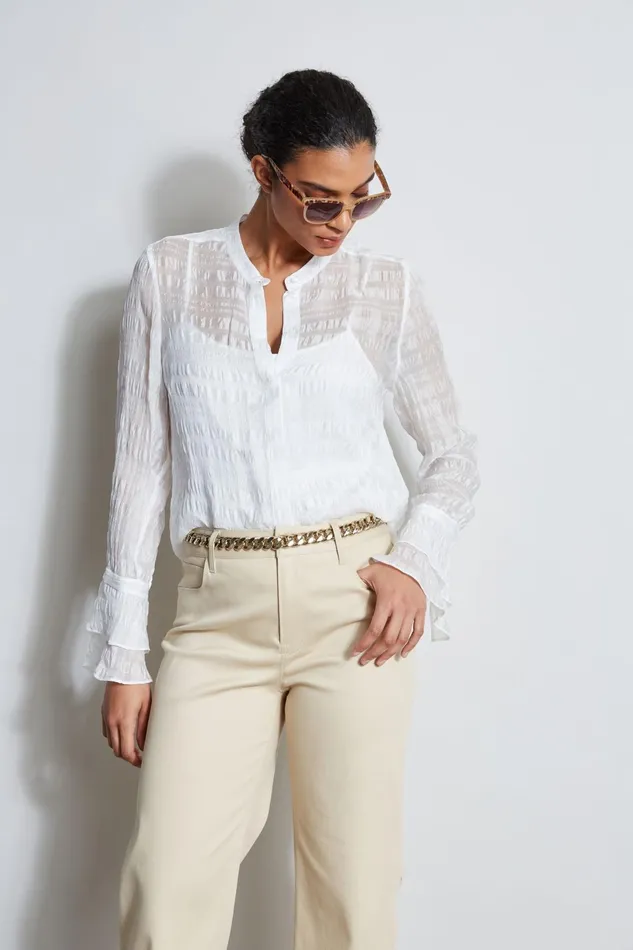 Outlet 8211 Women Tops Elie Tahari Silk Pucker Texture Shirt Pearl