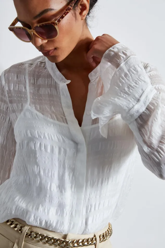 Outlet 8211 Women Tops Elie Tahari Silk Pucker Texture Shirt Pearl