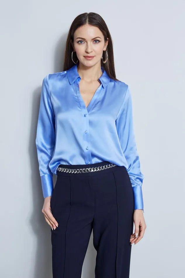 Outlet 8211 Women Tops Elie Tahari Silk Satin Button Down Shirt Horizon Blue