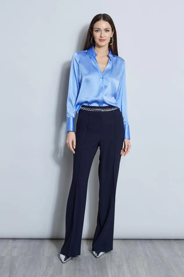 Outlet 8211 Women Tops Elie Tahari Silk Satin Button Down Shirt Horizon Blue