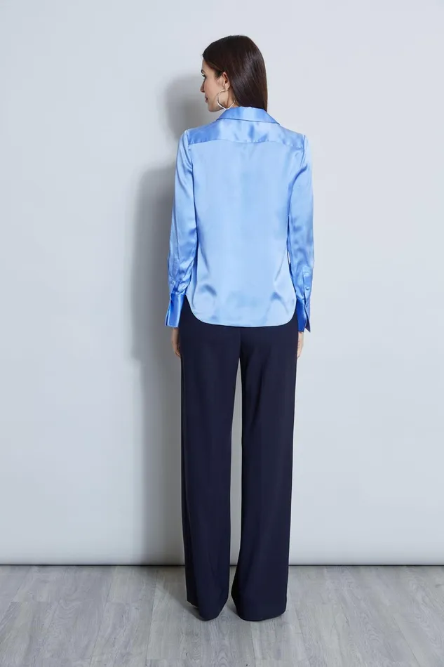 Outlet 8211 Women Tops Elie Tahari Silk Satin Button Down Shirt Horizon Blue