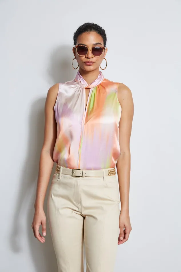 Outlet 8211 Women Tops Elie Tahari Silk Satin Sunrise Twist Neck Shirt Multi