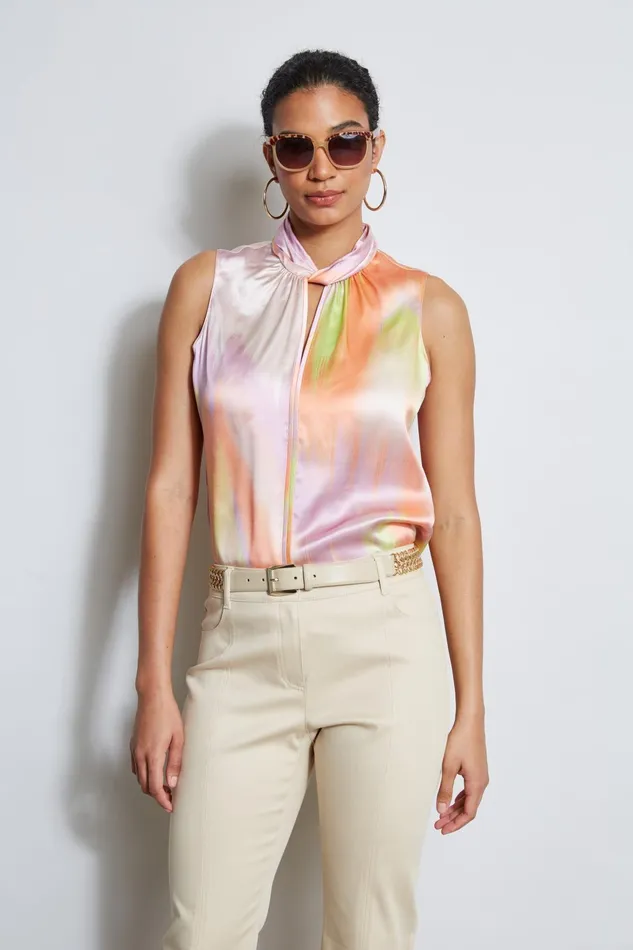 Outlet 8211 Women Tops Elie Tahari Silk Satin Sunrise Twist Neck Shirt Multi