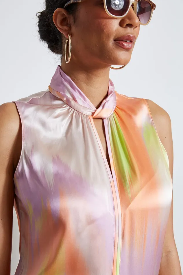 Outlet 8211 Women Tops Elie Tahari Silk Satin Sunrise Twist Neck Shirt Multi