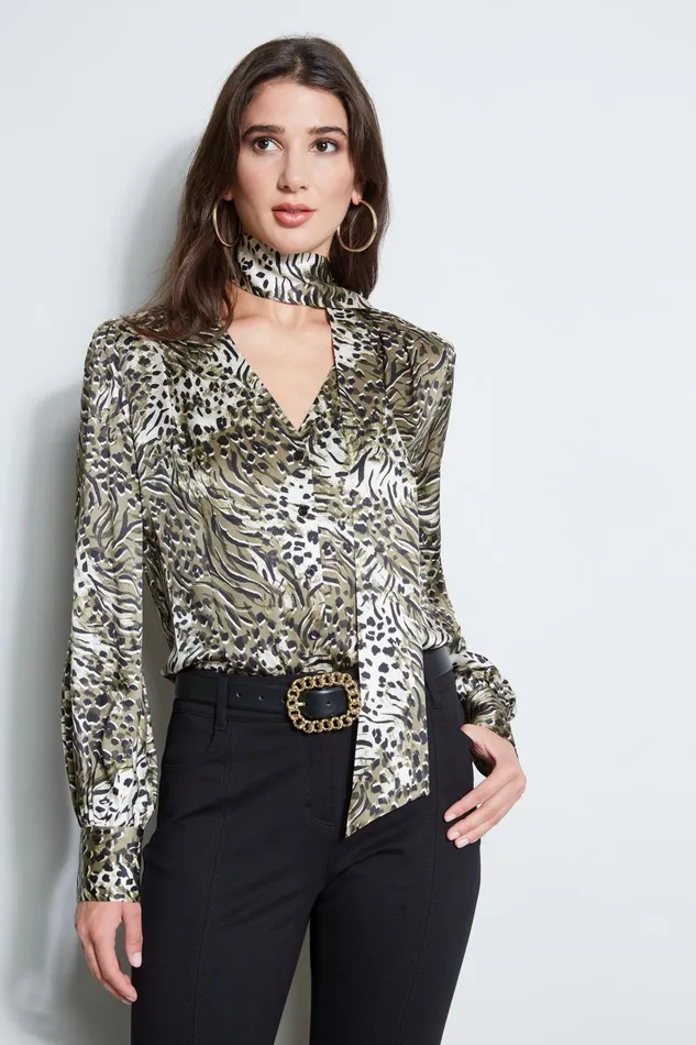 Outlet 8211 Women Tops Elie Tahari Silk Satin Winter Safari Shirt Olive Multi