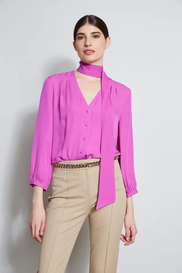 Outlet 8211 Women Tops Elie Tahari Silk Tie Button Shirt Peony