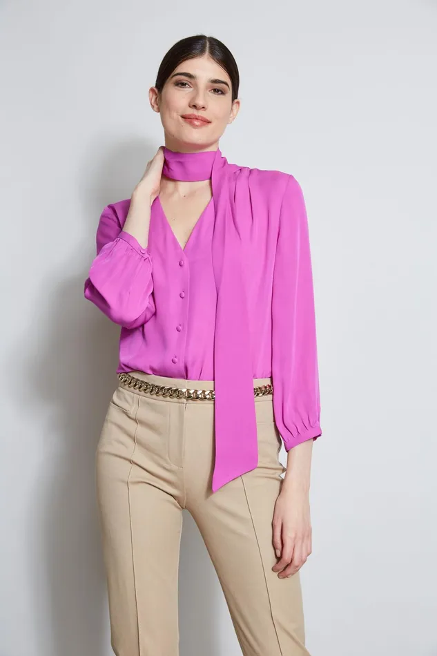 Outlet 8211 Women Tops Elie Tahari Silk Tie Button Shirt Peony