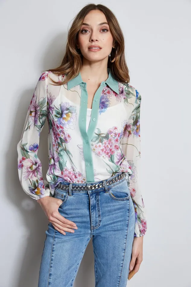 Outlet 8211 Women Tops Elie Tahari Silk Wind Floral Button Down Shirt Multi