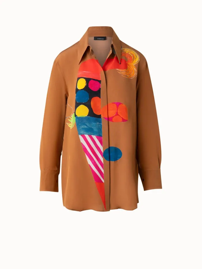 Oversized Silk Tunic Blouse With Rooster Print Vicuna Women Akris Blouses