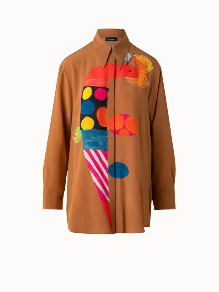 Oversized Silk Tunic Blouse With Rooster Print Vicuna Women Akris Blouses