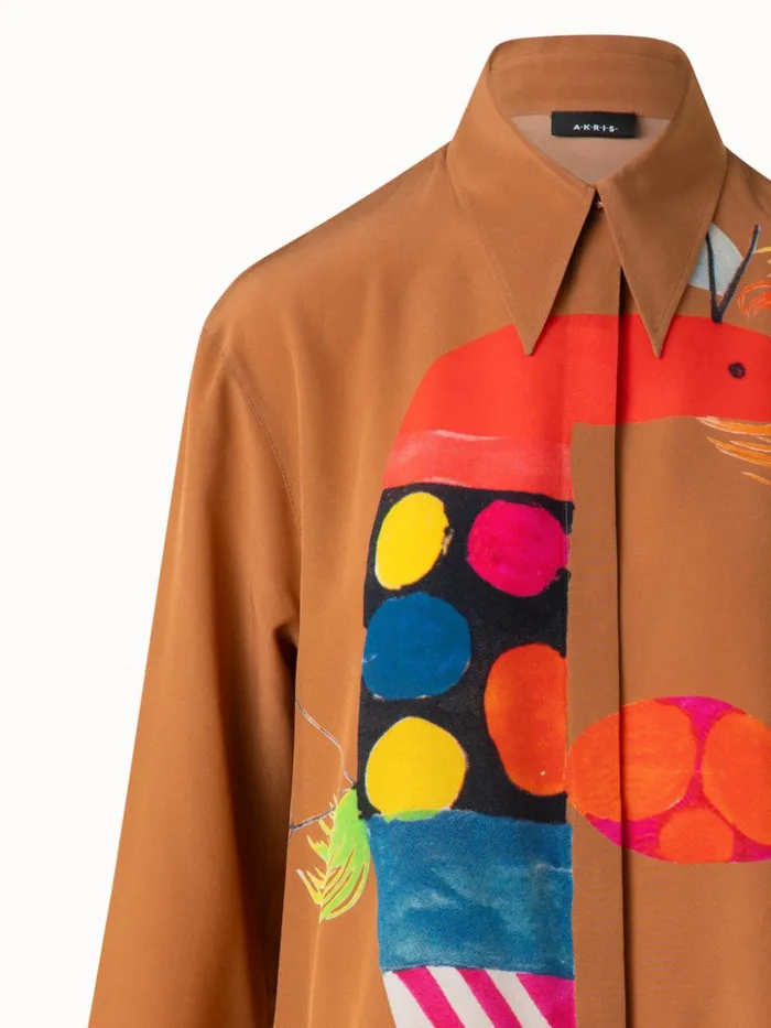 Oversized Silk Tunic Blouse With Rooster Print Vicuna Women Akris Blouses
