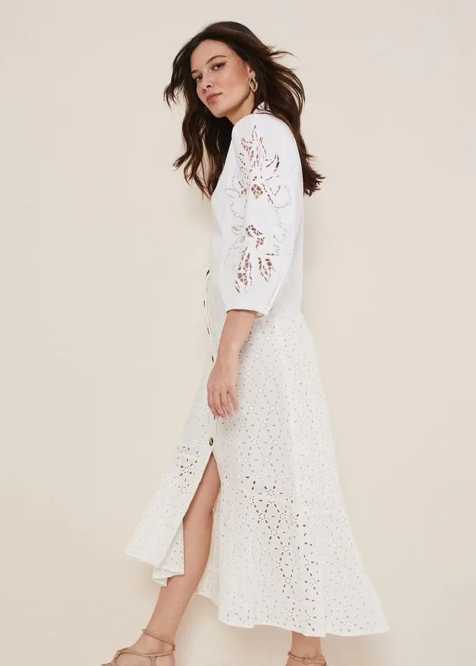 Phase Eight Abla Broderie Midi Skirt White Women Skirts