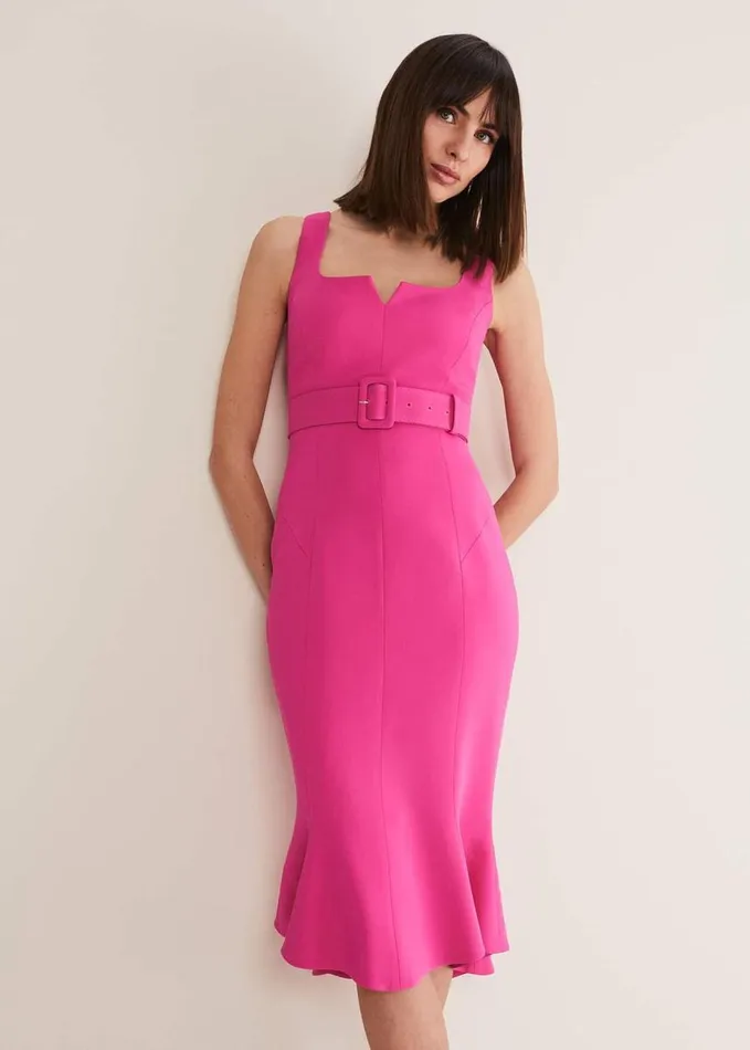 Phase Eight Adria Pink Fitted Midi Dress Hot Pink Women Dresses