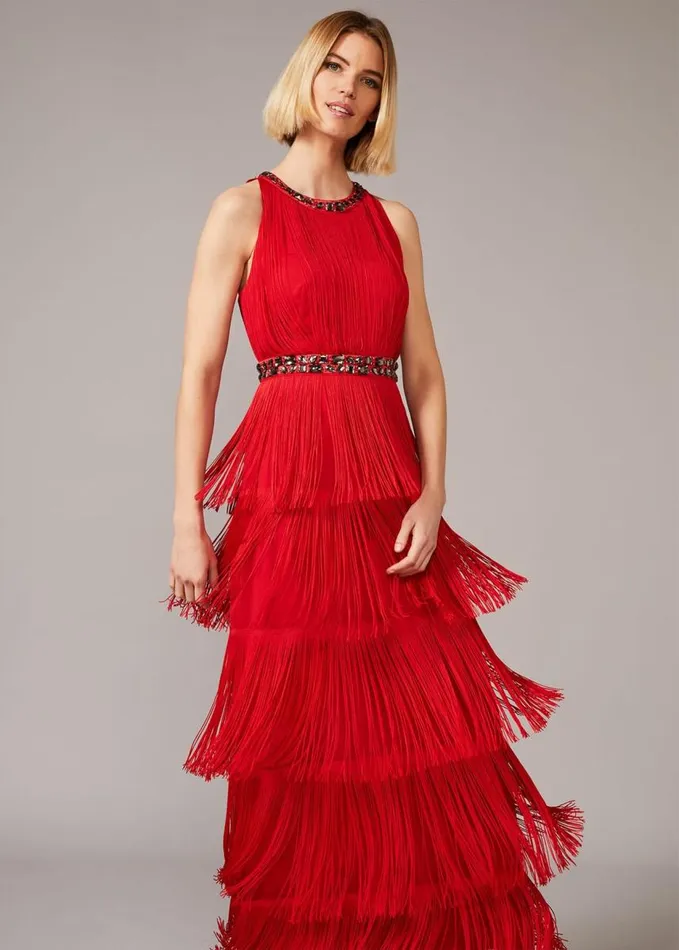 Phase Eight Albertina Fringe Maxi Dress Scarlet Women Dresses