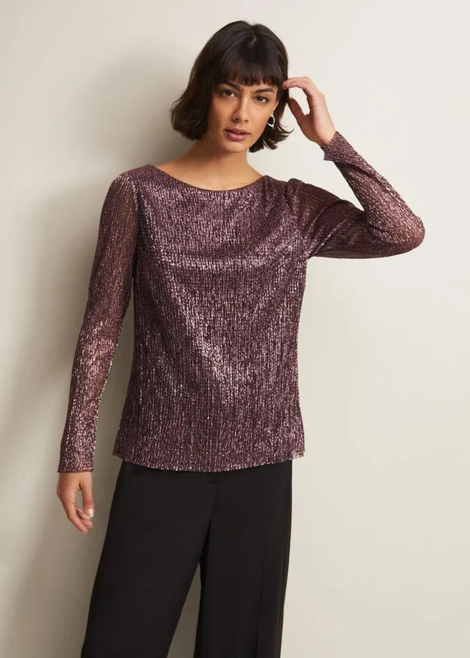 Phase Eight Alix Sparkly Plisse Top Rose Gold Women Tops and TShirts