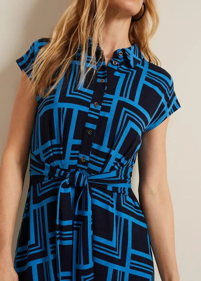 Phase Eight April Short Sleeve Geo Dress Blue Women Dresses
