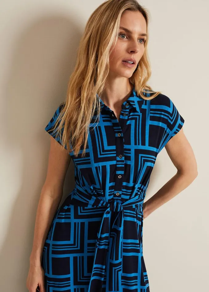Phase Eight April Short Sleeve Geo Dress Blue Women Dresses