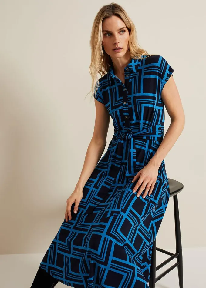 Phase Eight April Short Sleeve Geo Dress Blue Women Dresses