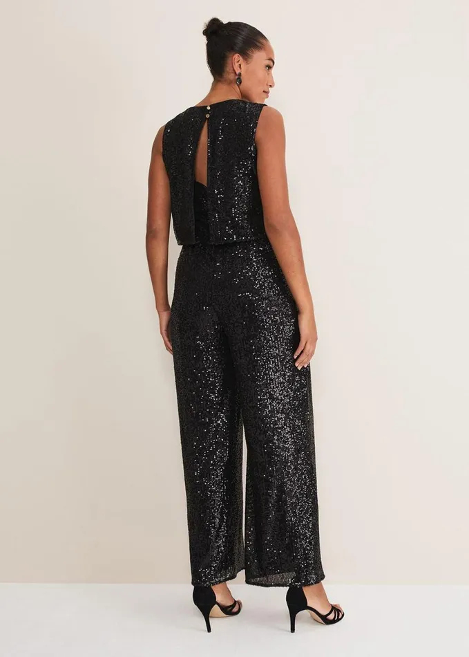 Phase Eight Aubrey Black Sequin Wide Leg Jumpsuit Black Women Dresses