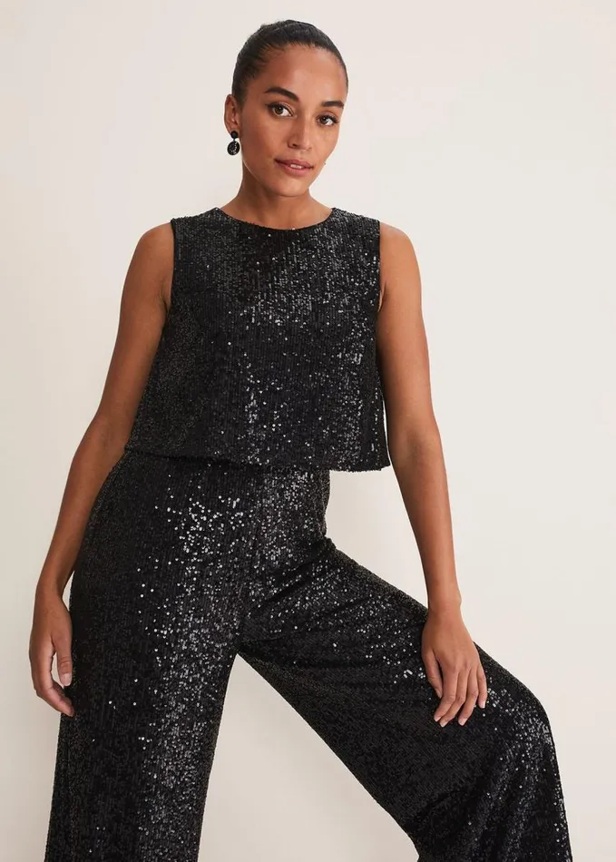 Phase Eight Aubrey Black Sequin Wide Leg Jumpsuit Black Women Dresses