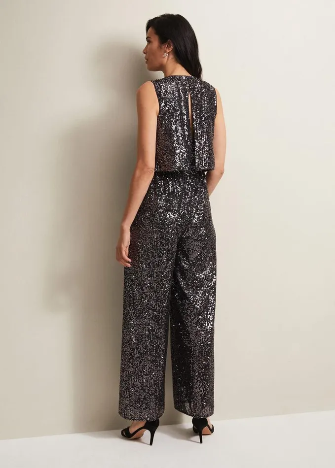 Phase Eight Aubrey Sequin Wide Leg Jumpsuit Gunmetal Women Dresses