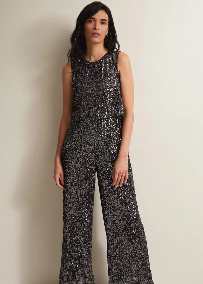Phase Eight Aubrey Sequin Wide Leg Jumpsuit Gunmetal Women Dresses