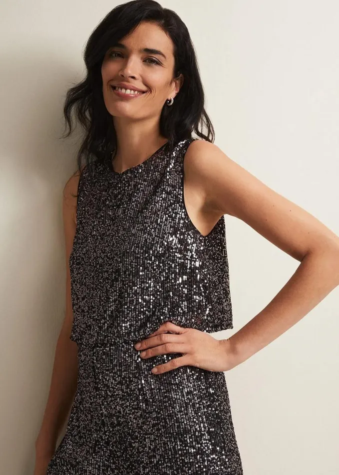 Phase Eight Aubrey Sequin Wide Leg Jumpsuit Gunmetal Women Dresses