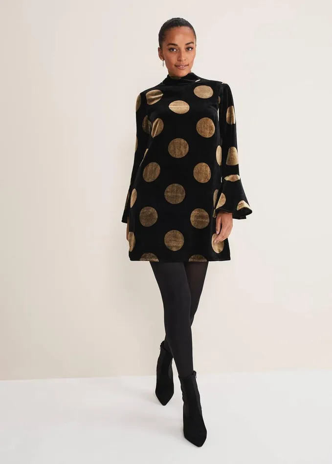 Phase Eight Aylin Spot Bell Sleeve Dress Blackgold Women Dresses